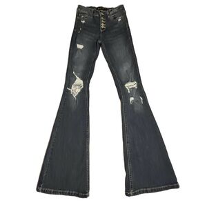 Indigo Rein Distressed Flare Button Fly Jeans Size 3 Juniors
